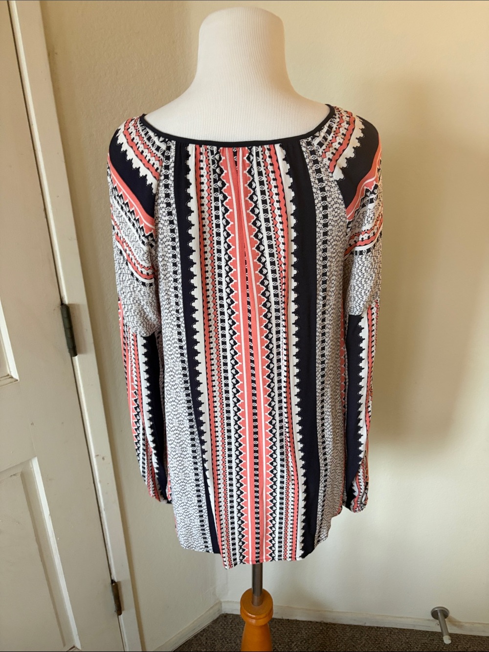 Sanctuary Women’s Boho Stripe Peasant Blouse in Coral, Black & White - Picture 5 of 8